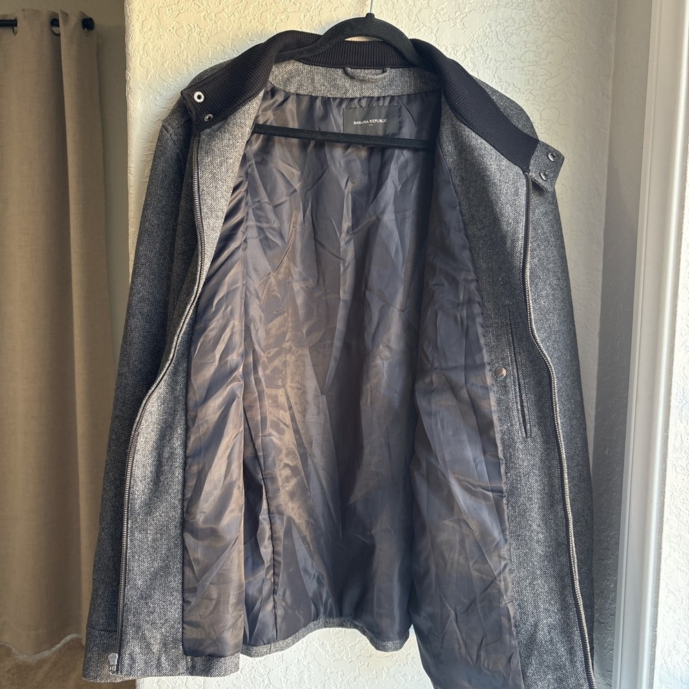 Banana Republic Mens Wool Blend XL Jacket Grey Herringbone Full Zip Bomber Coat - Picture 5 of 9